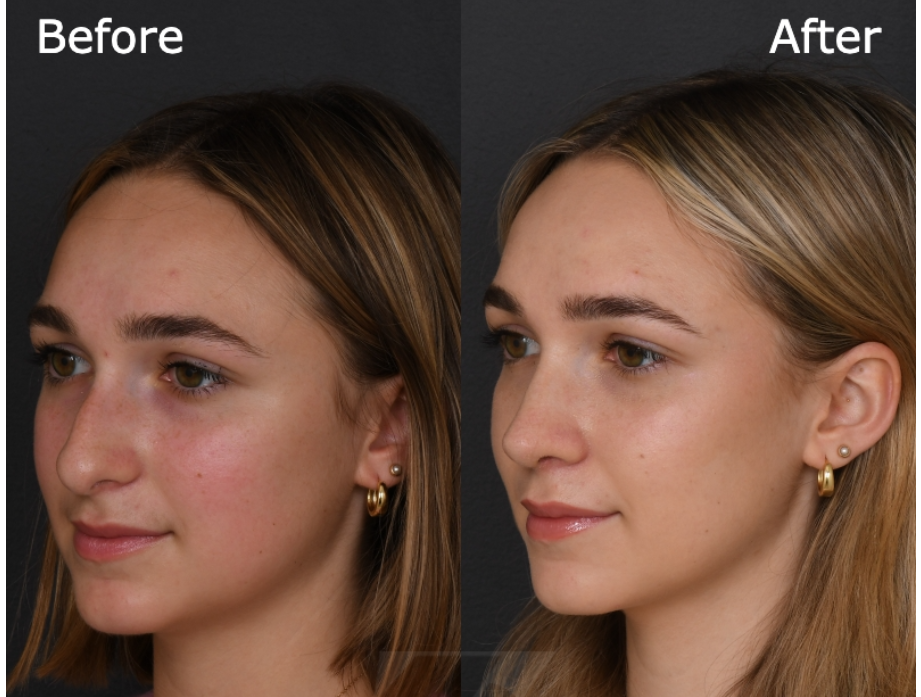 This patient shows side-by-side the before and after results from her rhinoplasty by Dr. Zimm in New York.